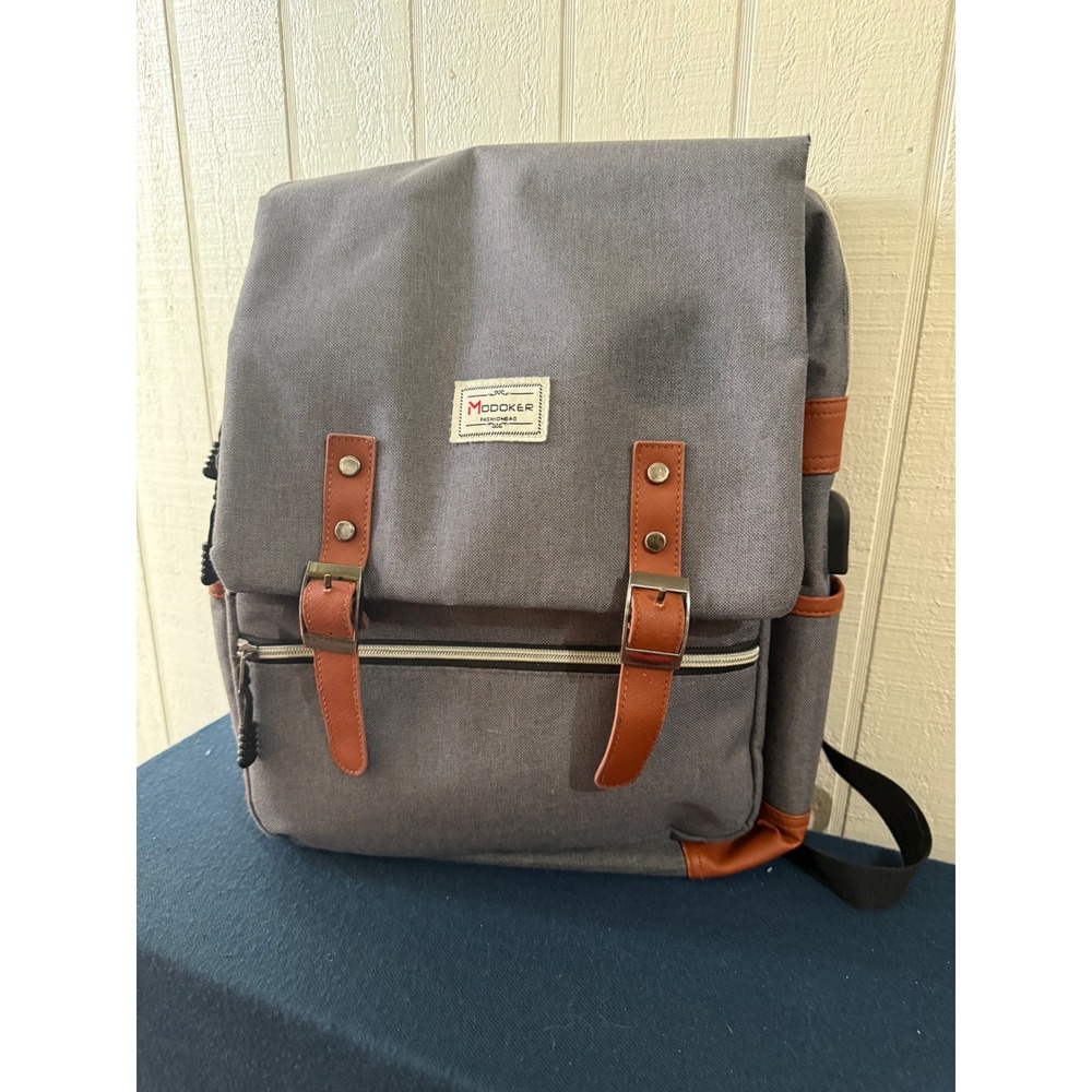 Modoker Vintage Laptop Backpack Grey Canvas USB Charging Port Rucksack